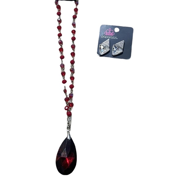 paparazzi Jewelry - Paparazzi Necklace & Earrings Set Red Silver Tone New in Package